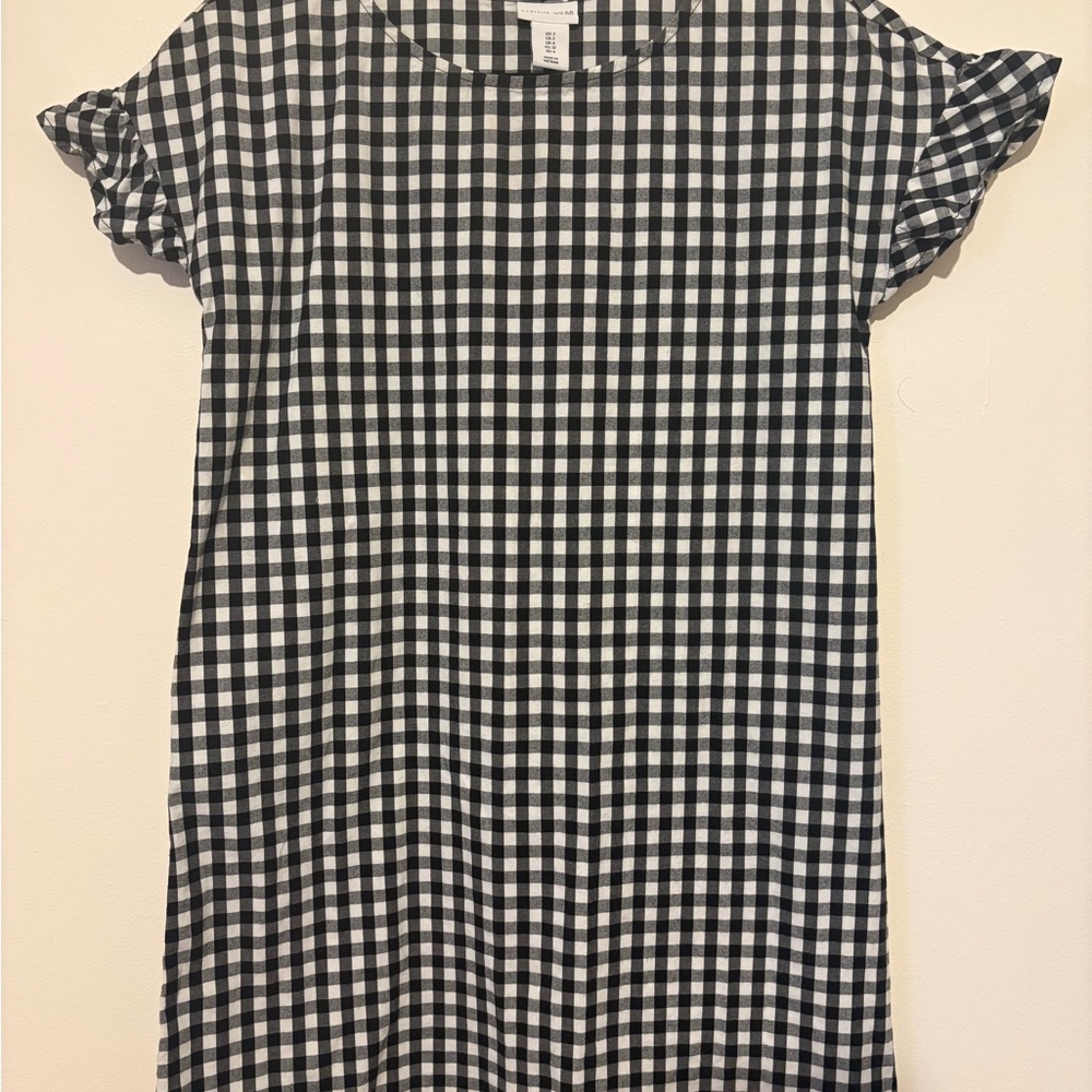 Tabitha Webb Gingham Shift Dress Ruffled Sleeve Black White Women's Size 2